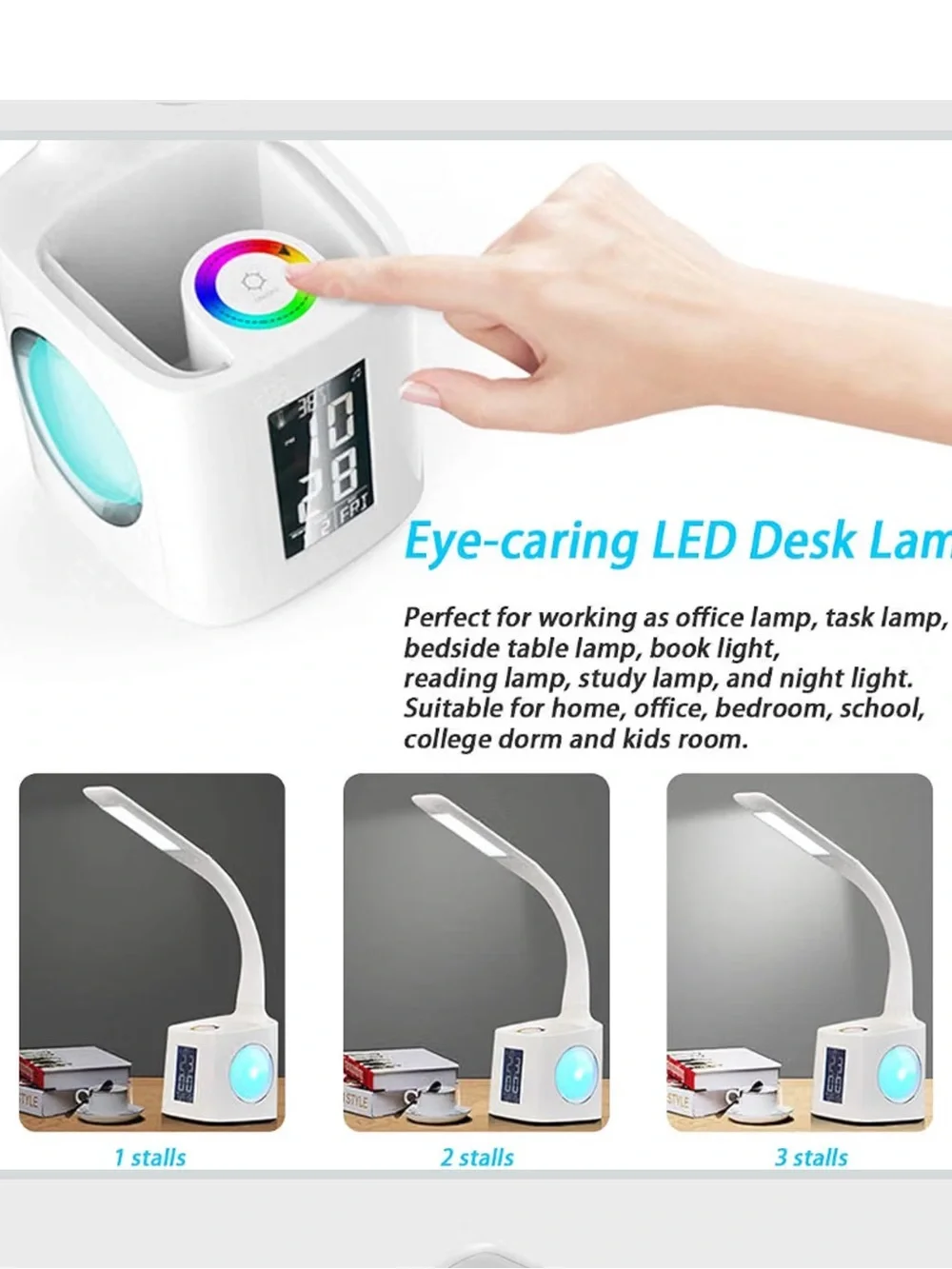 White LED Desk Lamp with Touch Color Ring and Organizer